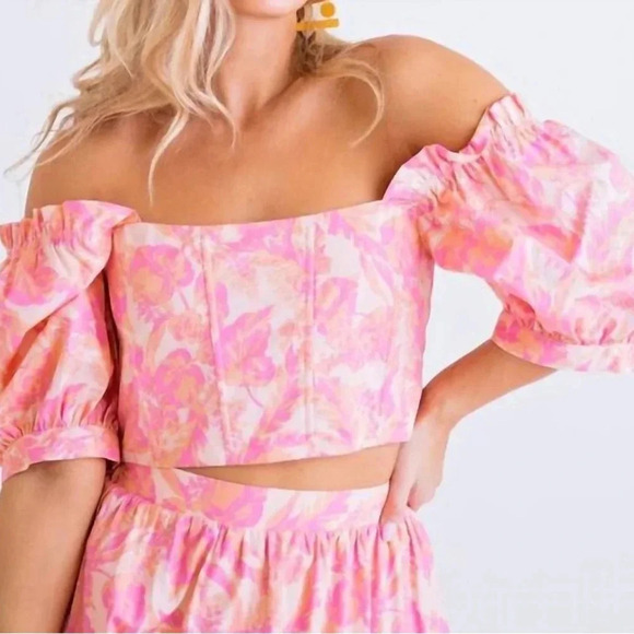 KARLIE Floral Poplin Puff Sleeve Top Corset Blouse Pink Floral size Small - Picture 1 of 7